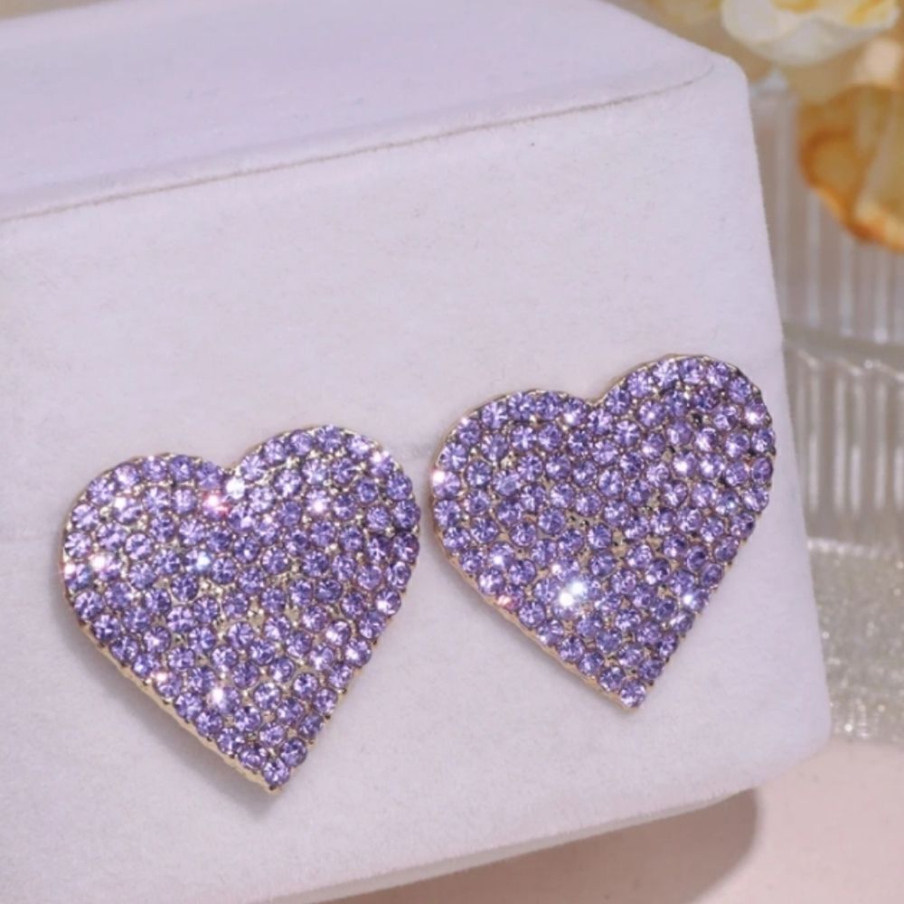 Purple Heart Rhinestone Stud Earrings